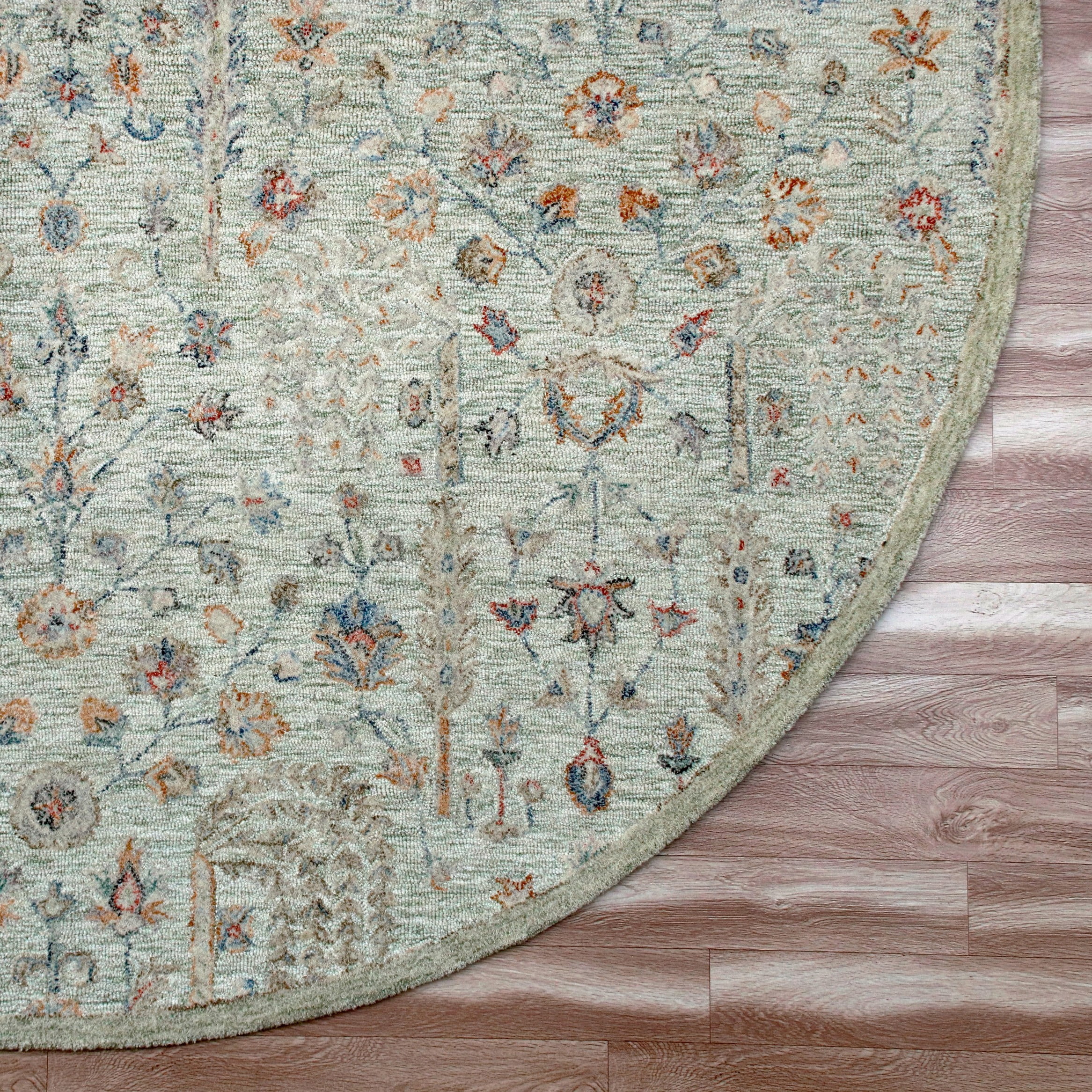LR Home Viane Blythe Green/Taupe Vintage Floral Wool Round Rug, 8'6" Round