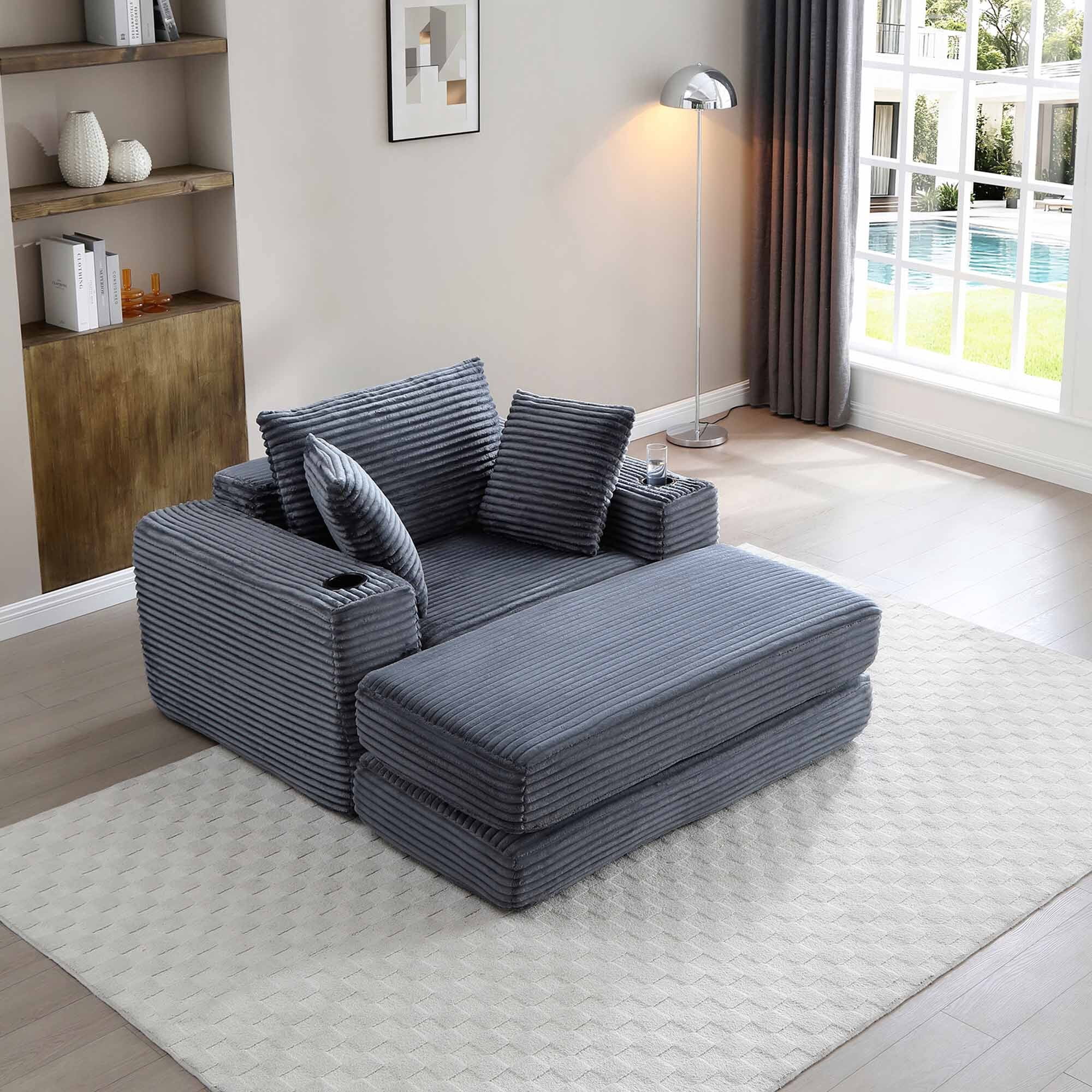 Lunale Boneless Chaise Lounge Chair with Ottoman, 52" Oversized 3-in-1 Convertible Sofa Chair for Living Room, Gray Corduroy