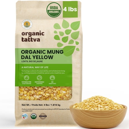 Organic Tattva Moong Dal 4LB, Dry Yellow Split Mung Beans Lentils, Vegan, Kosher, No Additives, Gluten Free, USDA Certified