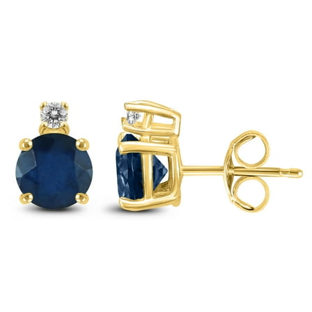 SZUL Women's 14K Yellow Gold 5MM Round Sapphire and Diamond Earrings