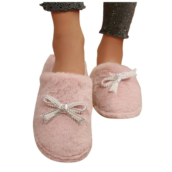 Womens Pearl Bowknot Fuzzy House Slippers Memory Foam Plush Winter Warm Furry Lined Indoor Slippers