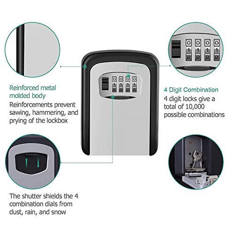 K-Cliffs Heavy Duty Wall Mount Key Lock Box 4 Digit Combination  Realtor's Open House Holds up to 5 Keys, Metal, Unisex