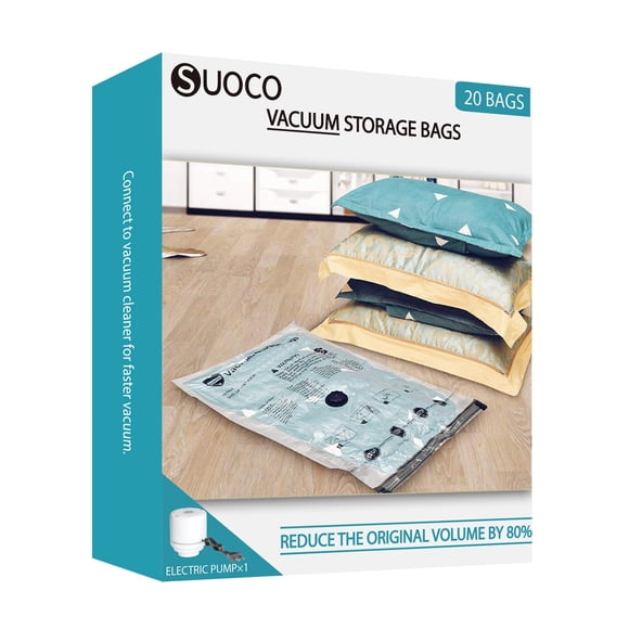 SUOCO 20 Combo Vacuum Storage Bags with Electric Pump, (4 Jumbo, 4 Large, 6 Medium, 6 Small) Travel Clothes Space Saver Bags, Com