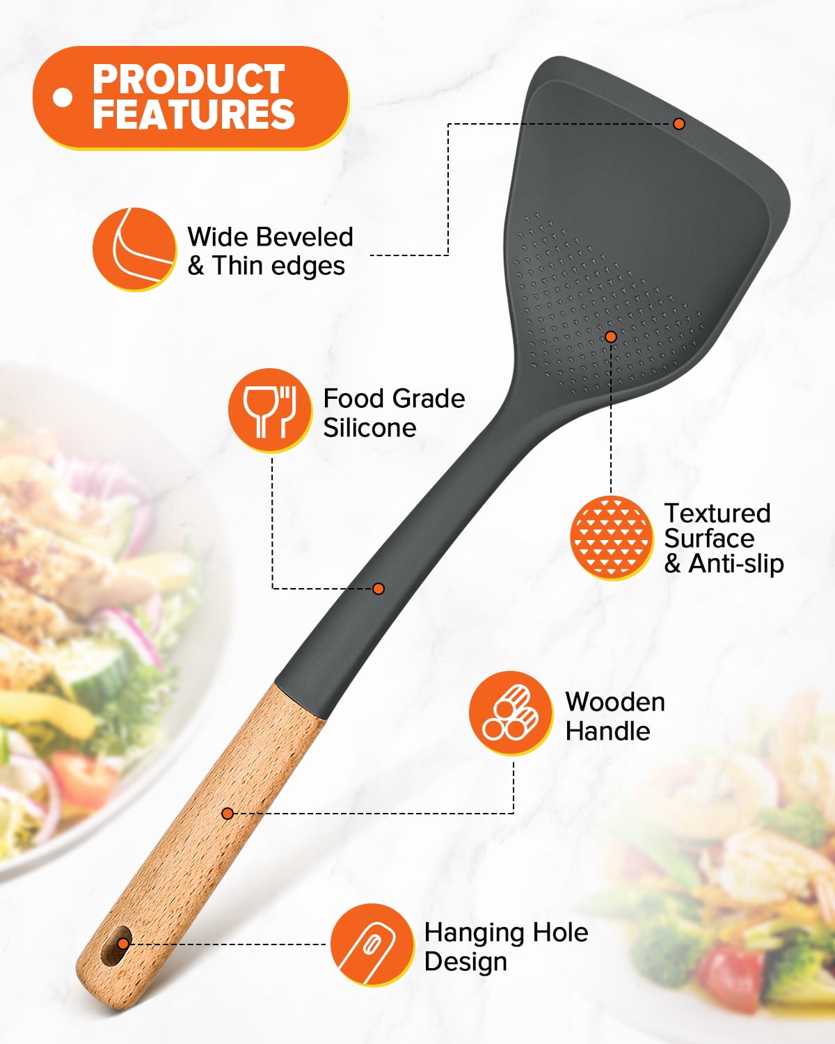 Badiano 4 Pack Wood Handle Silicone Kitchen Cooking Utensils Set for Nonstick Cookware Surface,Gray