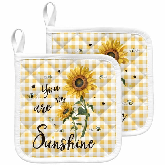 Sunflower Pot Holders for Kitchen Heatproof Potholder, 2 Pack Yellow Plaid Lattice You Are My Sunshine Hot Pads Multipurpose Oven Pads Cloth Potholders Trivet for Cooking and Baking