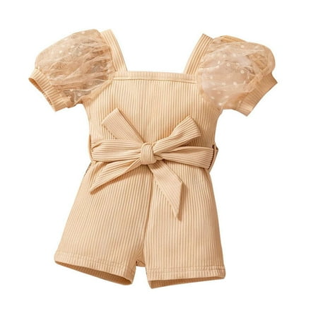 

Toddler Romper Girls Solid Color Jumpsuit Bubble Sleeve Floral Short Sleeve Waistband Tie Five Pants Child Newborn Playwear Summer Sunsuit