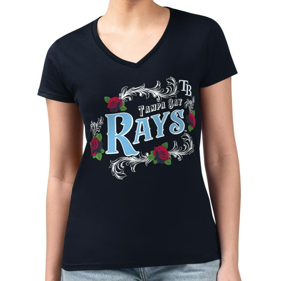 Women's G-III 4Her by Carl Banks Navy Tampa Bay Rays Super-Slim Fit Lightweight Retro Roses V-Neck T-Shirt