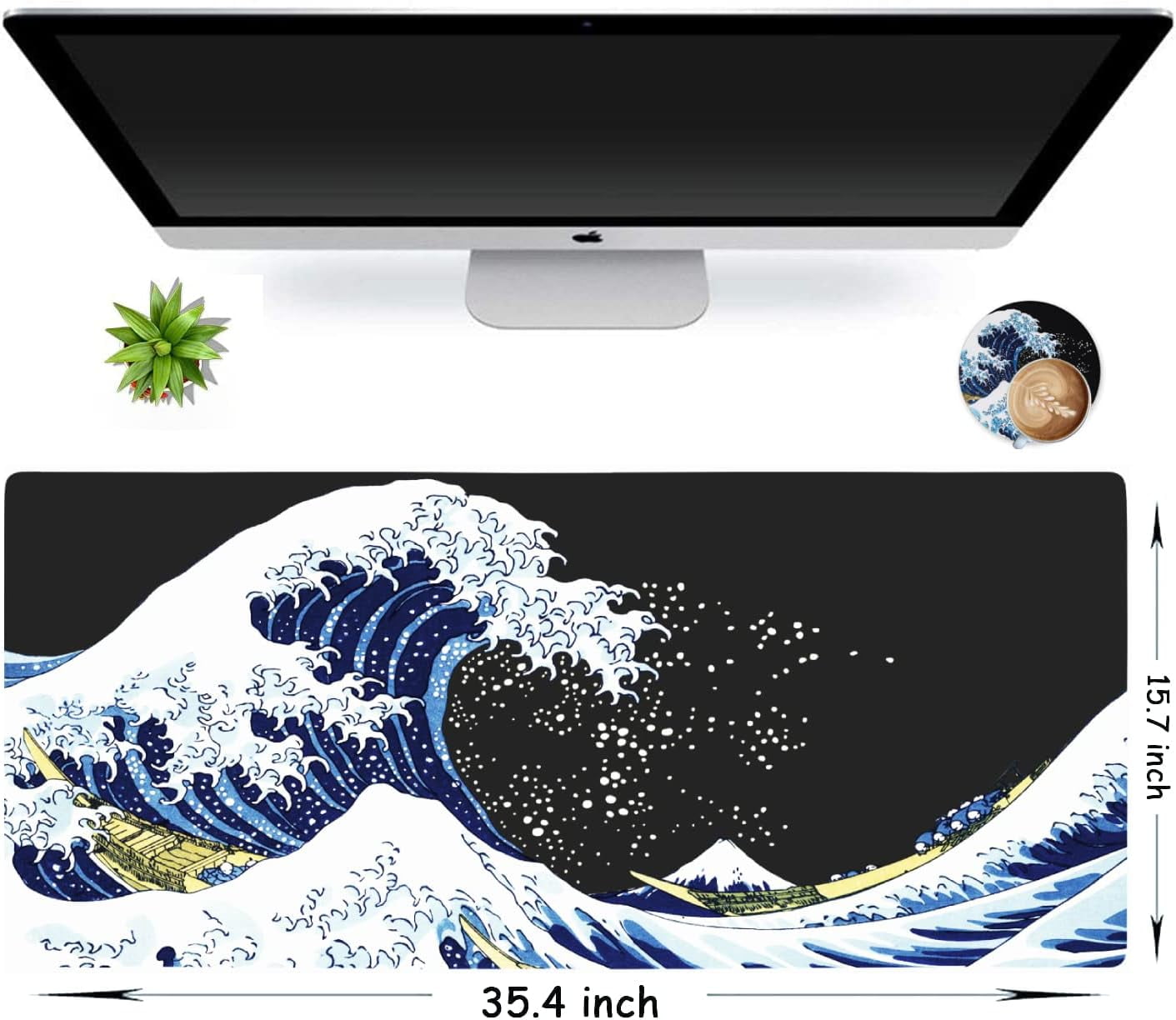 Japanese Sea Wave Large Mouse Pad, Extended Gaming Mouse Pad, Non-Slip Water-Resistant Rubber Base Desk Mat, 35.1x15.75inch XXL Large Anime Mouse Pad for Desk Computer