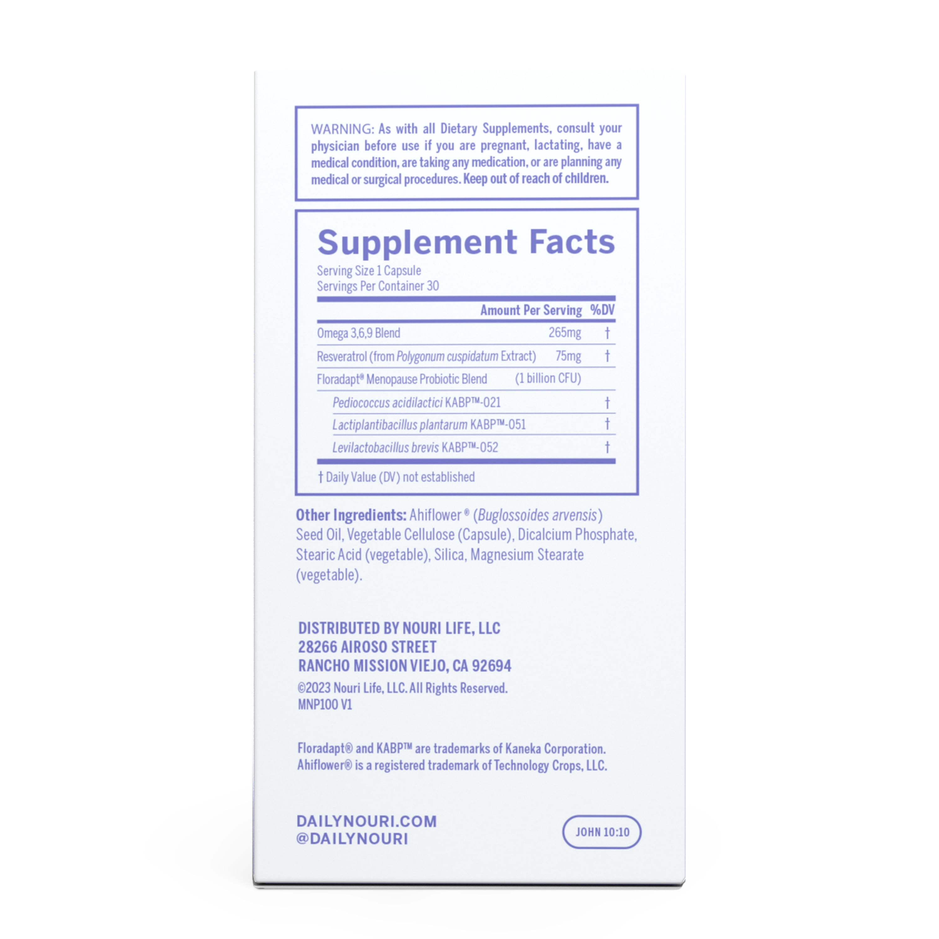 Nouri Menopause Health Probiotic with Omega and Resveratrol Vegan Capsules, 30 Day Supply