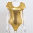 thumbnail image 3 of LiiYii Womens Shiny Metallic Solid Scoop Neck Short Sleeve Fitted Stretchy Bodysuit Dance Leotard Gold M, 3 of 7