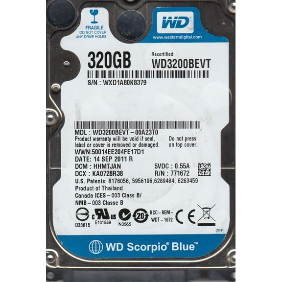 WD3200BEVT-00A23T0, DCM HHMTJAN, Western Digital 320GB SATA 2.5 Hard Drive