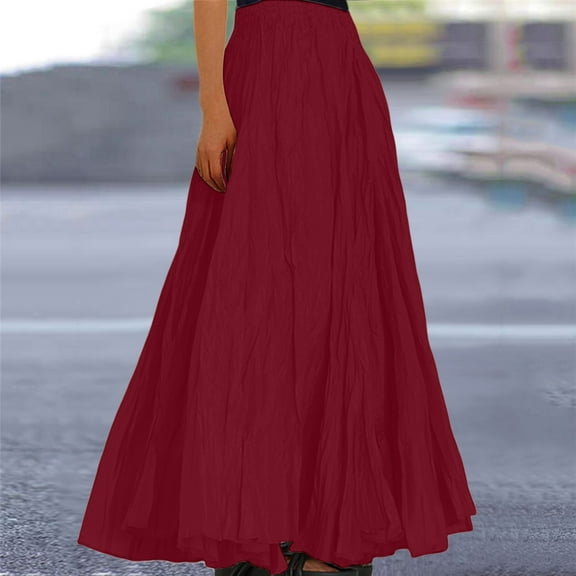 Skirts for Women Skirt Womens Fashion Casual High Waist Fold A Dress Soild Loose Beach Wrap Long Skirt Red M