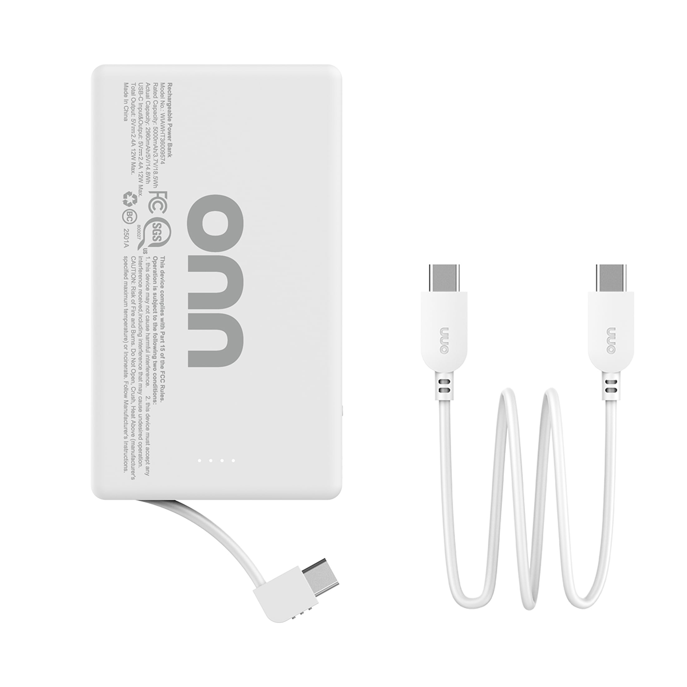 onn 5,000 mAh Portable Power Bank with Built In USB-C Cable, Mag-Attach Ring, White - Compatible with iPhone 17/16/15 Series, Samsung Devices, Pixel Devices, iPad Pro, & More (Cable Charge only)