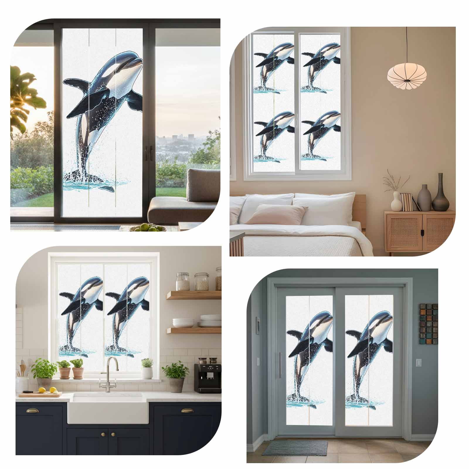 Cute Killer Whale Window Privacy Film, Orca Animal Ocean Retro Artwork Static Cling UV Sun Blocking Heat Control Window Tint Day and Night, Non-Adhesive One Way Windows Privacy Cover 23.6''x59''
