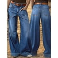 thumbnail image 5 of Womens Wide Straight Leg Mid Rise Baggy Pocket Denim Jeans Without Belt Blue XL, 5 of 9