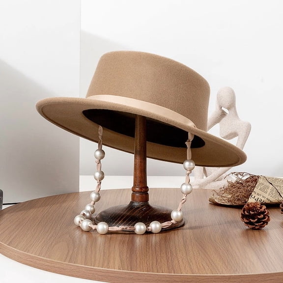 Wool Felt Flat Top Fedora Hat Women Vintage Wide Brim Pearl Chain Autumn Winter