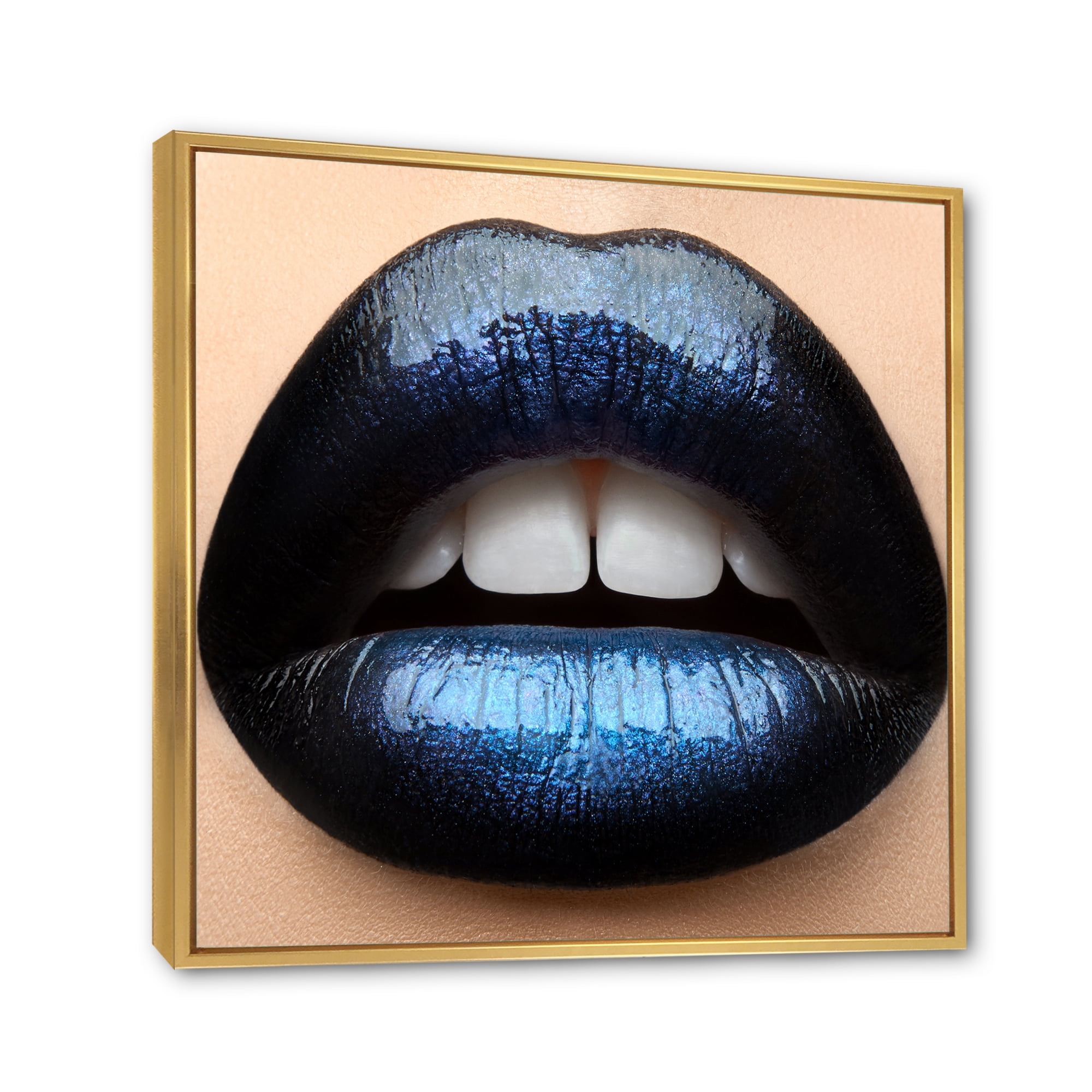 Designart 'Girl Lips With Black and Blue Lipstick' Modern Framed Canvas Wall Art Print