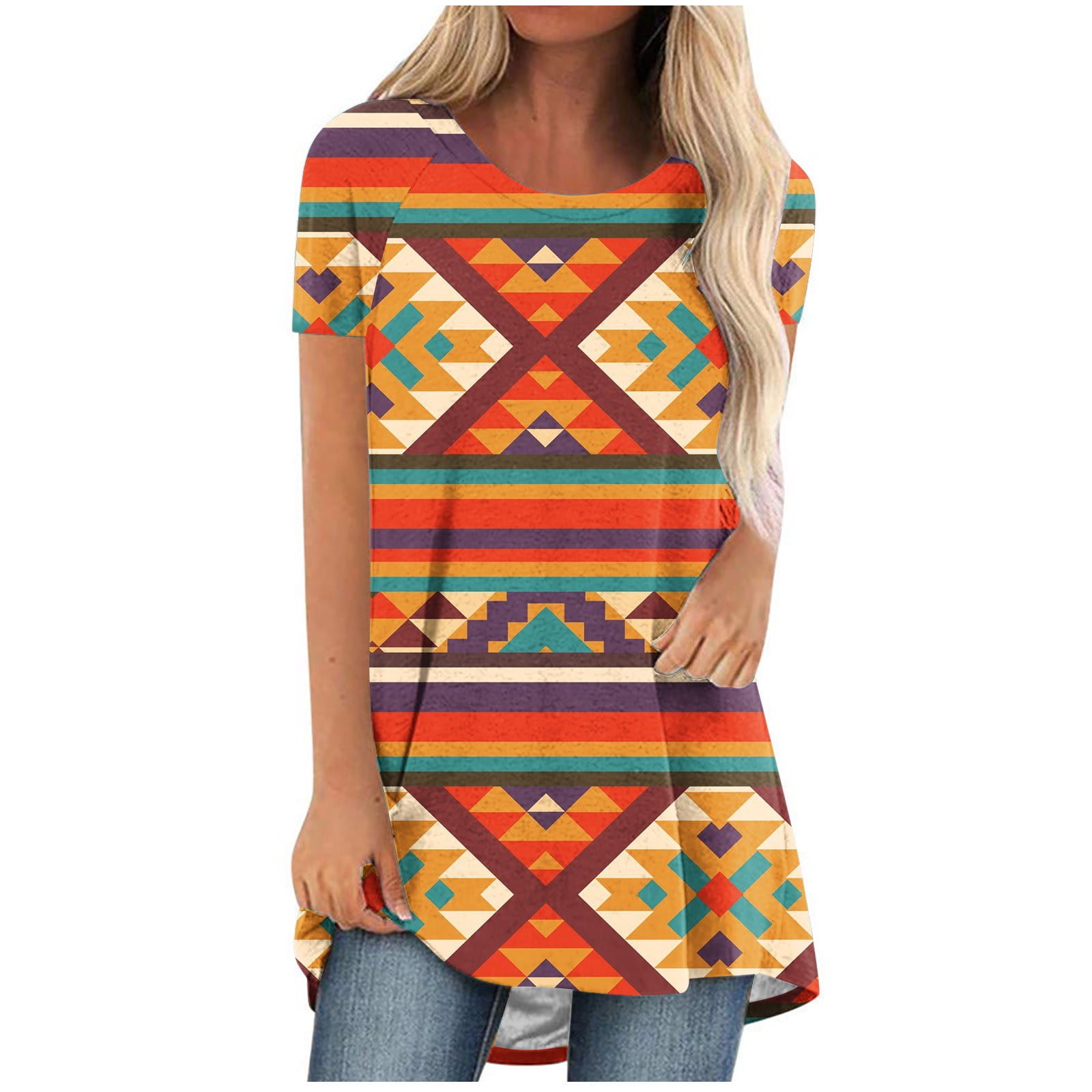 fartey Womens Aztec Tops Dressy Casual Vintage Ethnic Print Blouses 2023 Summer High Low Hem