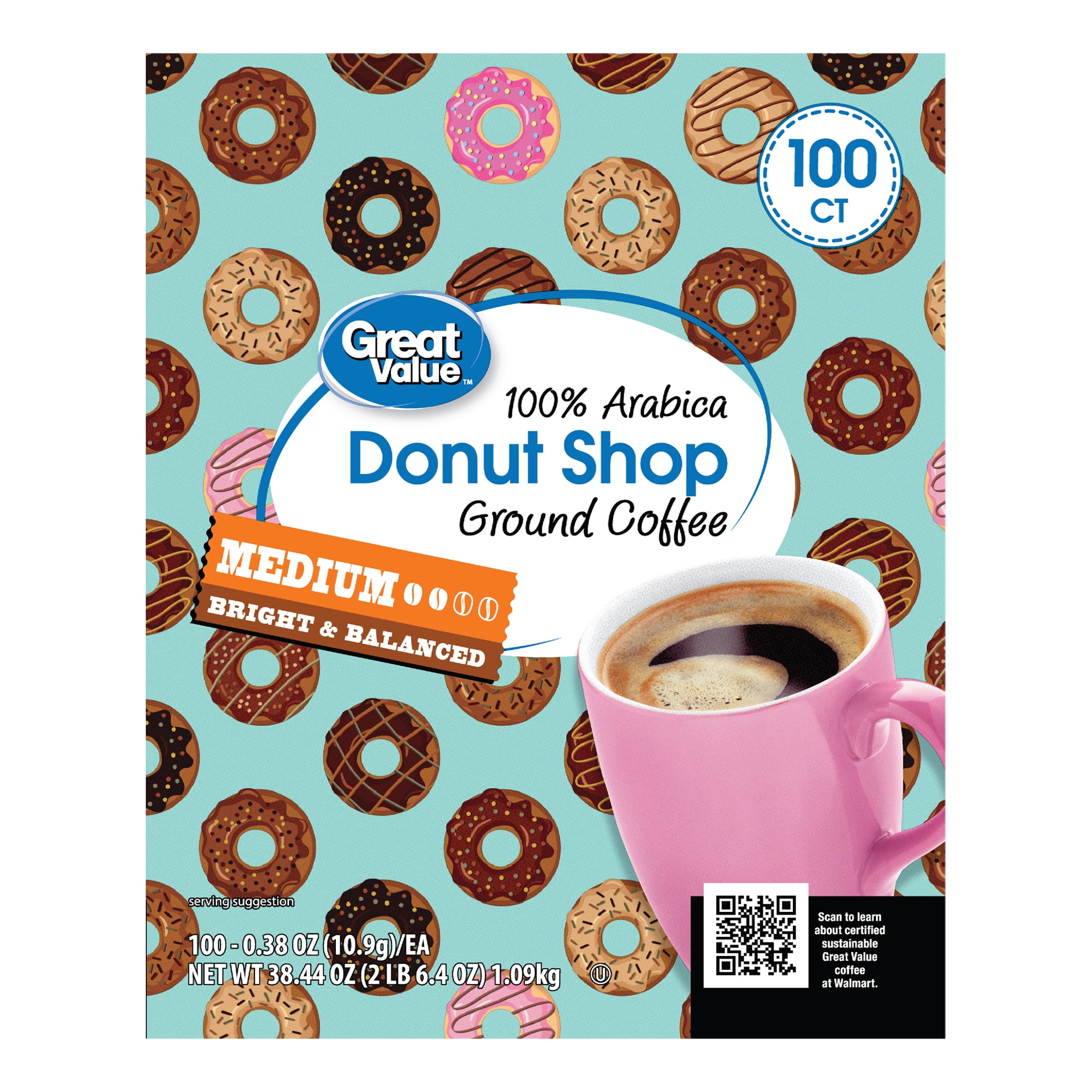 Great Value Donut Shop 100% Arabica Medium Roast Ground Coffee Pods, 38.4 oz, 100 Count