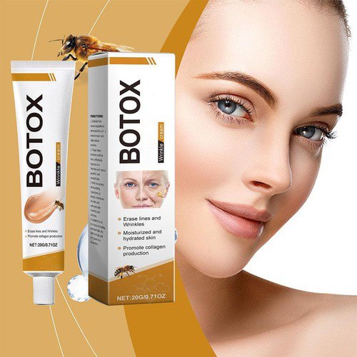 crema antiarrugas con veneno de abeja furzero de 1 a 5 unidades tubo y caja frontales, envase blanco y dorado con texto en el empaque y abeja ilustrada, contenido neto 20g, diseño ergonómico del tubo, textura visible y fondo mostaza; fórmula que puede hidratar y ayudar a reparar y aclarar la piel.