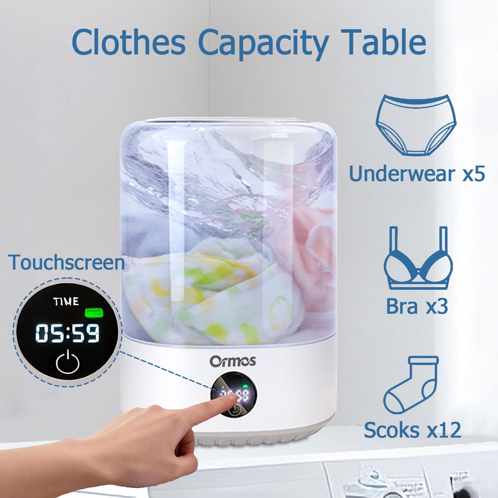 ORMOS Portable Mini Washing Machine, White, Rechargeable Cordless Washer, 4L Capacity, Quiet Efficient, LED Touch Screen, 5000mAh Battery