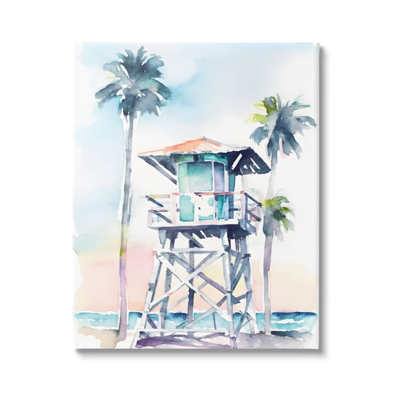 Stupell Industries Lifeguard Hut on Beach Landscape Painting Gallery Wrapped Canvas Art Print Wall Art, 16 x 20
