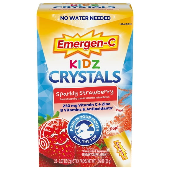 Emergen-C Kidz Crystals, On-The-Go Vitamin C Supplement for Immune Support, Sparkly Strawberry, 28 Stick Packs