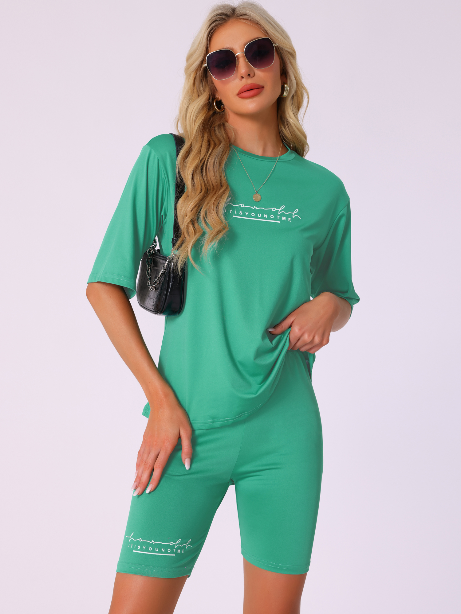 DARING DIVA Womens 2 Pieces Biker Shorts Set Outfits T-Shirt Lounge Wear XL Green
