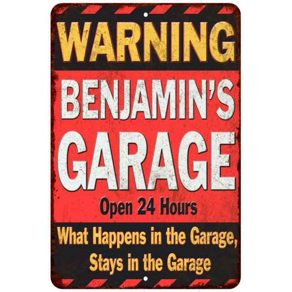 BENJAMIN'S Garage Warning Man Cave Wall Decor 8 x 12 High Gloss Metal 208120030069