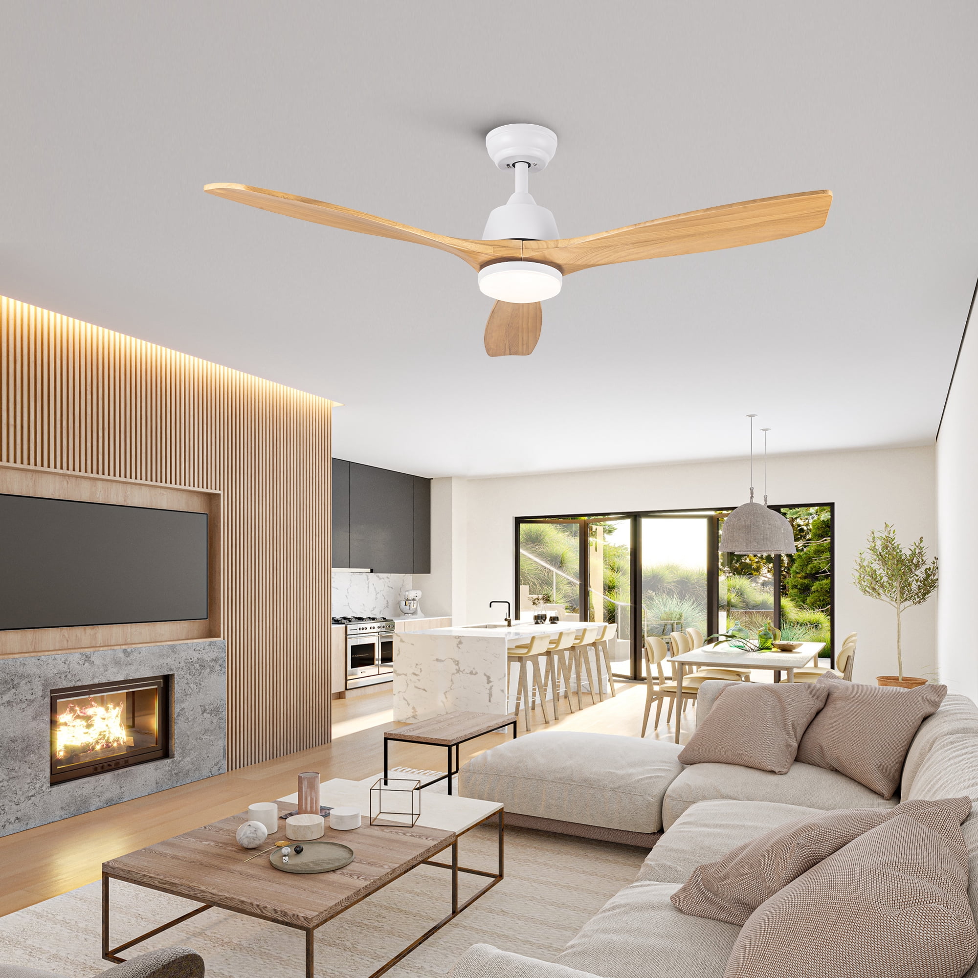 Wellspeed 52 in. Ceiling Fan with Light and Remote, Modern White Fanlight with Solid Wood Blades, for Indoor Outdoor Bedroom Living Room, Dimmable 3 Color Temperature, Memory Function, Quiet Motor