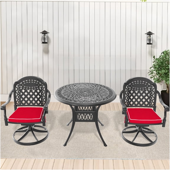 JERFIT 3-Piece Outdoor Patio Dining Set with Swivel Chairs, 35 inch Round Aluminum Table and Cushions, All-Weather Black