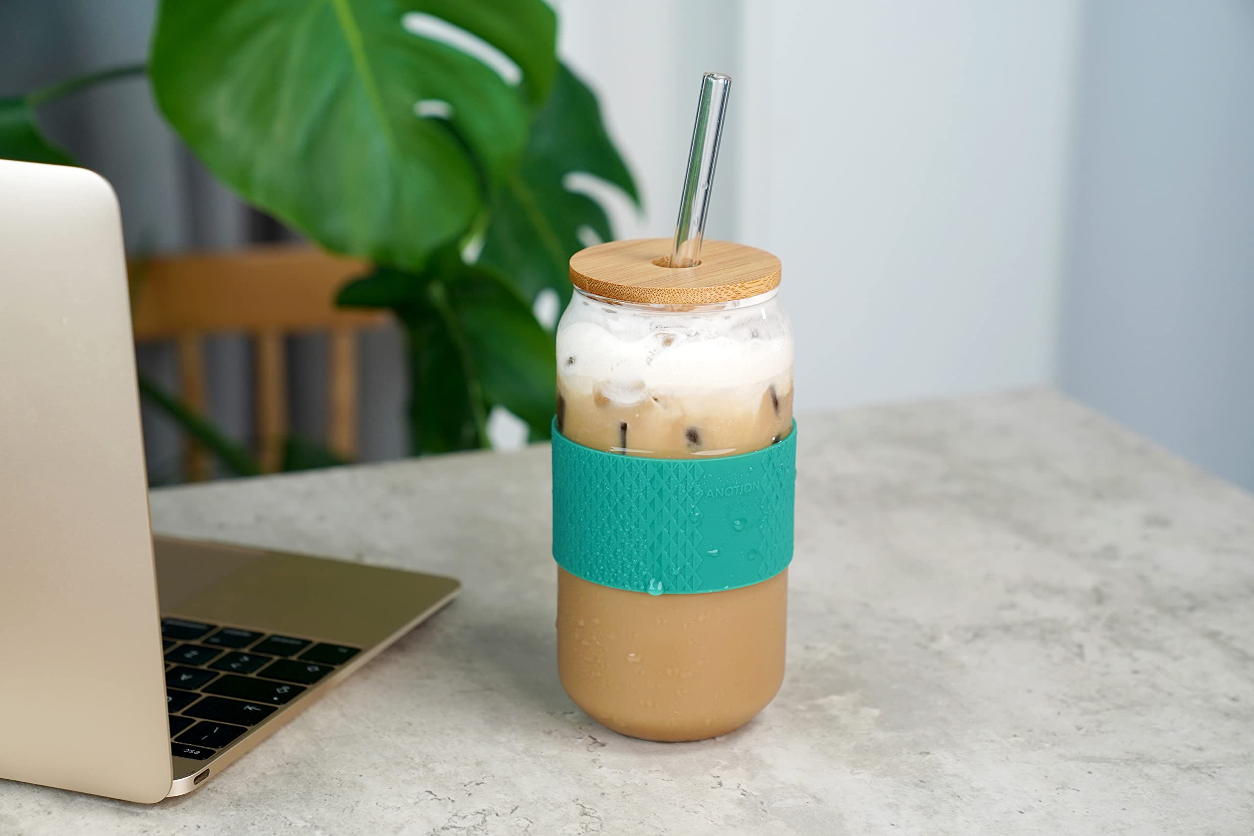  ANOTION Iced Coffee Cup, Mason Jar with Lid and Straw