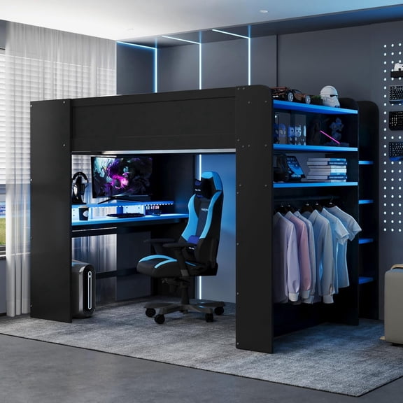 Full Size Wood Bunk Bed with Height-Adjustable Desk, Wardrobe, and Storage, Blue - Gamer-Inspired Design with RGB Lights