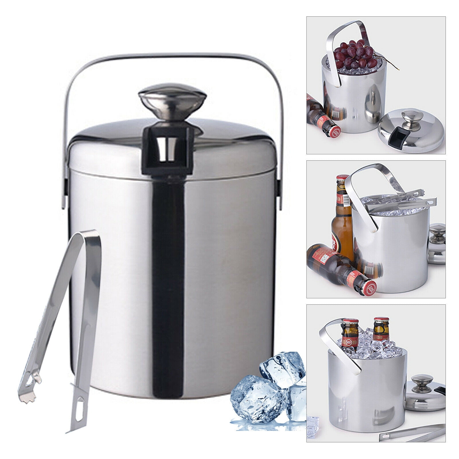 1.3L Ice Bucket, Double Wall Ice Bucket with Lid and Tongs, Stainless