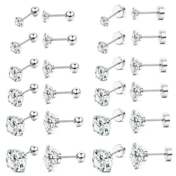 Cterwk 12 Pairs Flat Back Stud Earrings Set 316L Stainless Steel Ball Earring Cubic Zirconia Earrings Studs for Women