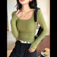 thumbnail image 4 of Camisetas de Larga para Mujer, Blusas de Cuello Cuadrado, Blusas Básicas de Punto Acanalado, Conjuntos de Otoño, Ropa de Moda Verde Hierba XXL, 4 of 6