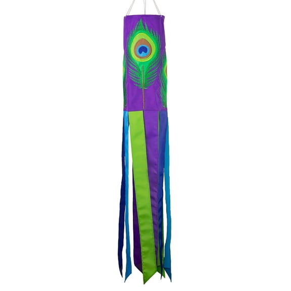 In the Breeze 5180 — Peacock Feather 40" Windsock — Colorful Embroidered Outdoor Hanging Decoration for Homes and Gardens
