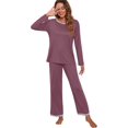 thumbnail image 4 of Pyjama à Manches Longues pour Femmes, Col Rond Doux, Violet Rouge, 4 of 5