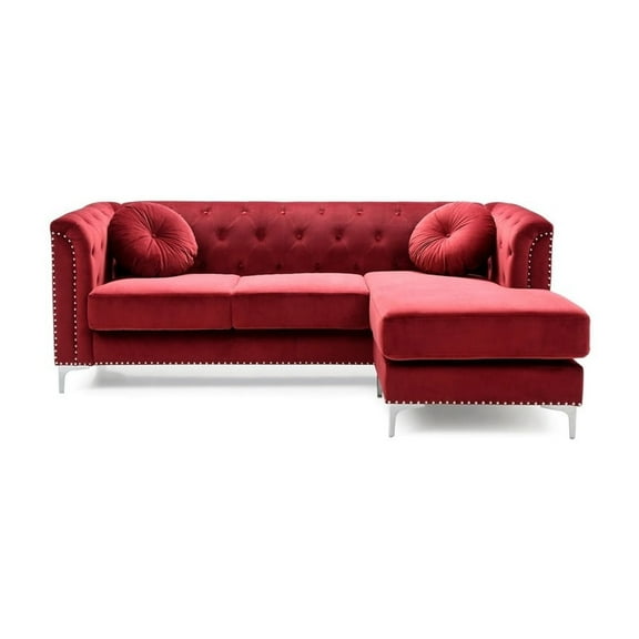 Burgundy Velvet Sectional Sofa - Tufted Plush Living Room Seating with Pillows & Chrome Legs