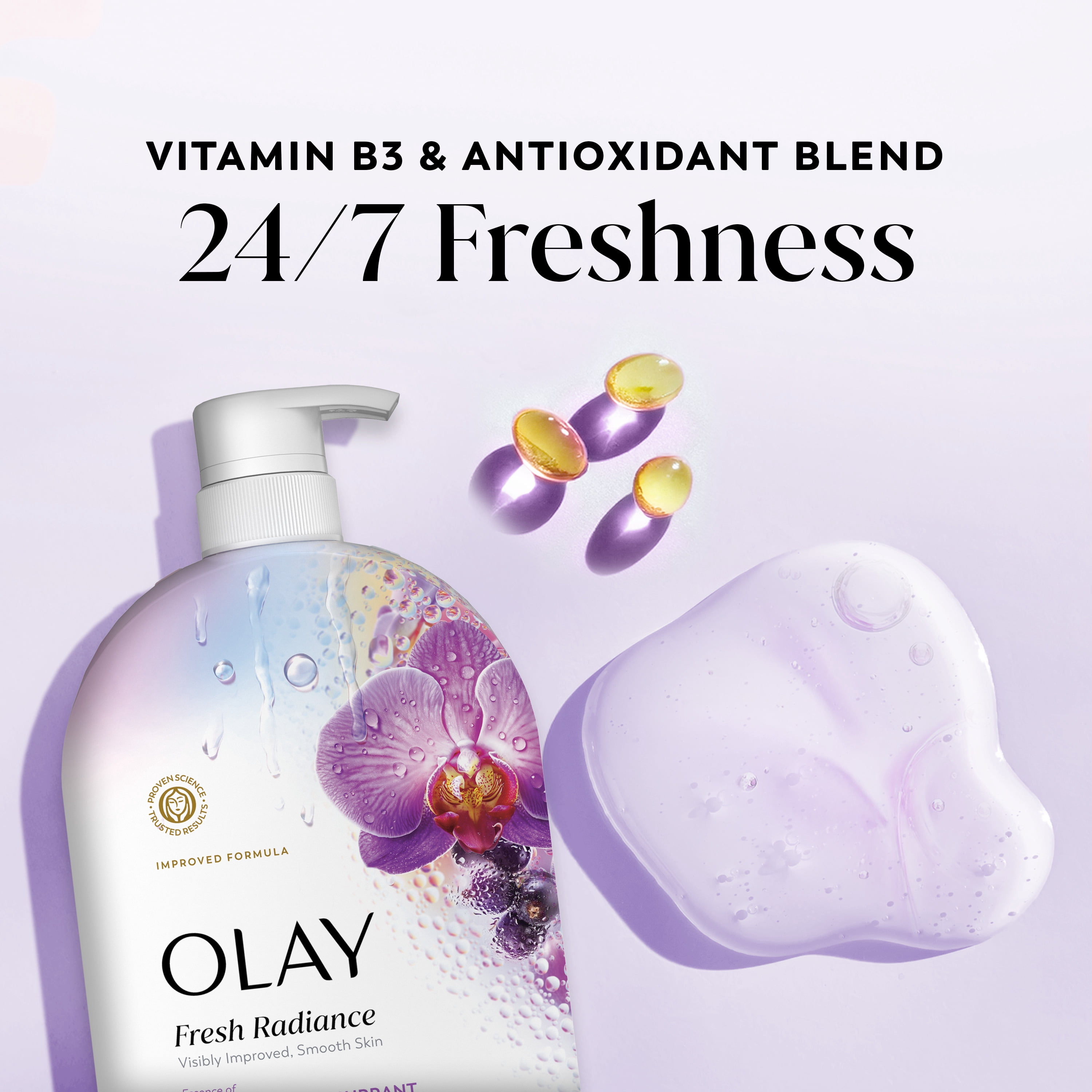 (4 pack) Olay Fresh Radiance Body Wash, Orchid & Black Currant, with Vitamin B3, 35 fl oz