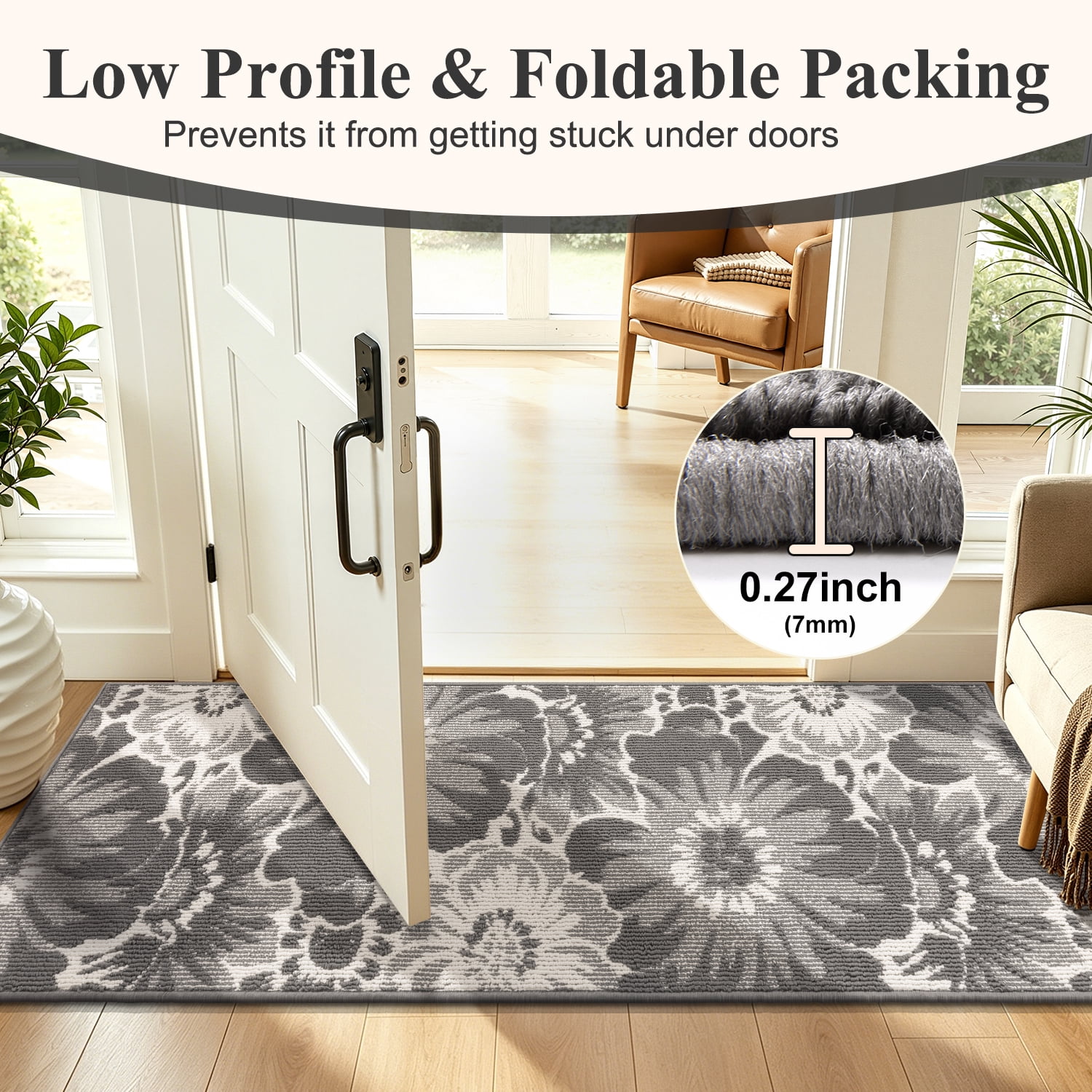 Findosom Runner Rug for Hallway 2x8 ft,Non-slip Machine Washable Runners Flower Floor Mats Low Pile Carpet Rug Runner with Rubber Backing for Entryway Doormat Bathroom Kitchen Laundry Room,Gray
