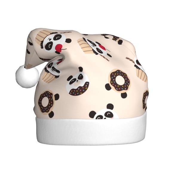 Kowoue Panda Ice Creams Donuts Pattern Santa Hat Christmas Hats for Adults, Holiday Unisex Velvet Comfort Xmas Hat for Women Men
