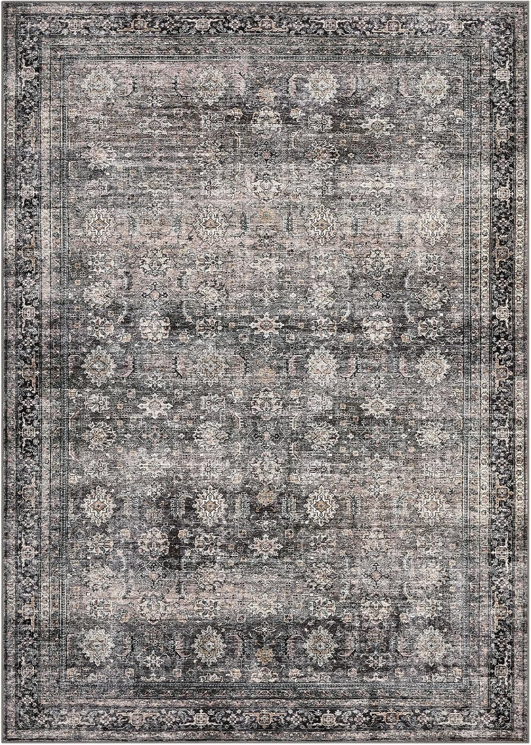 Area Rugs 3x5 Vintage Printed Floor Carpet with Non-Slip Backing, Stain-Resistant Oriental Throw Bedside Washable Farmhouse Low Pile Rugs for Living Room, Bedroom, Office, Green Camel