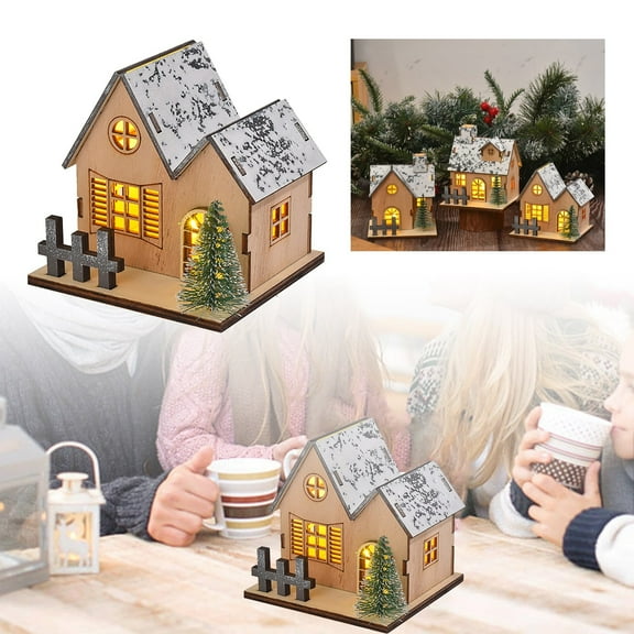 1pcs Christmas Village Decorations Led Light up Wooden House for Holiday Table Centerpieces