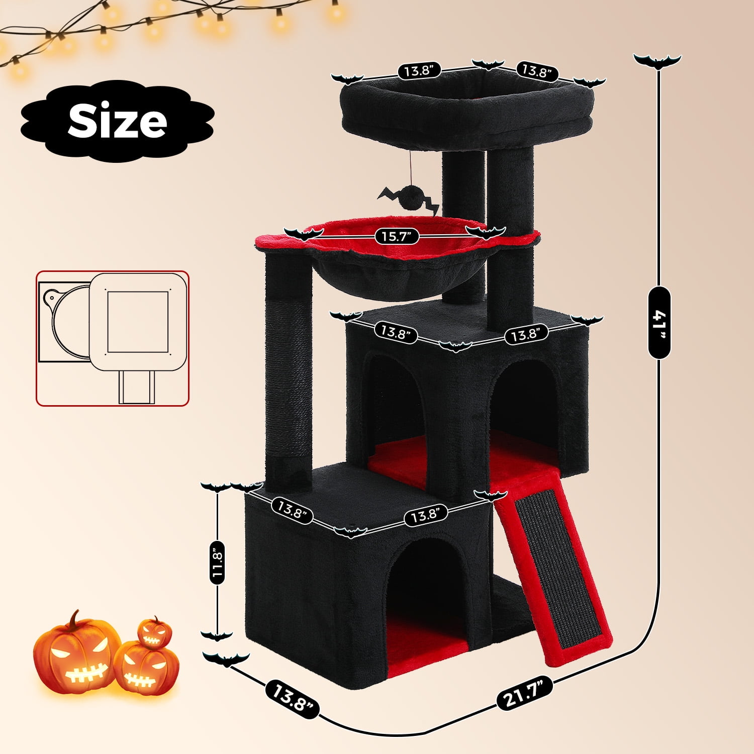 Pefilos 41" Multi-Level Cat Tree Tower with 2 Condos for Indoor Cats, Cat House with Hammock, Padded Perch, Scratching Pad, Black