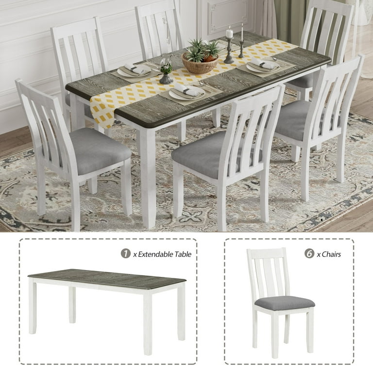 Retro Style Dining Table Set for 6, Extendable Kitchen Table with