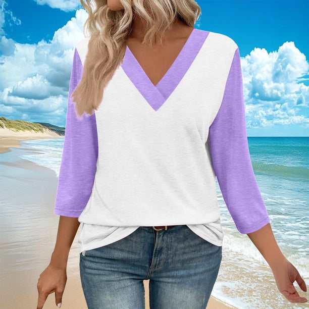 mfyjkho Tops Casuales Para Mujer, Camiseta De Moda Para Mujer, Blusa Informal Con Mangas 3/4 Y Cuello En V Tops Para Salir Para Mujer Xxl