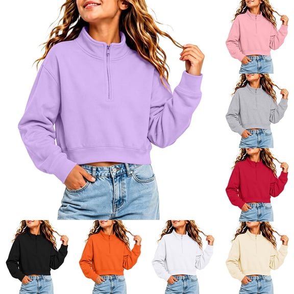 Girls Half Zip Lined Crop Hoodie, Long Sleeve Winter Casual Pullover Top