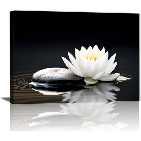 Zen White Lotus Flower Wall Art Black and White Lotus on Spa Stone and Water Picture Canvas Print Artwork for Yoga Meditation Room Bathroom Wall Decor