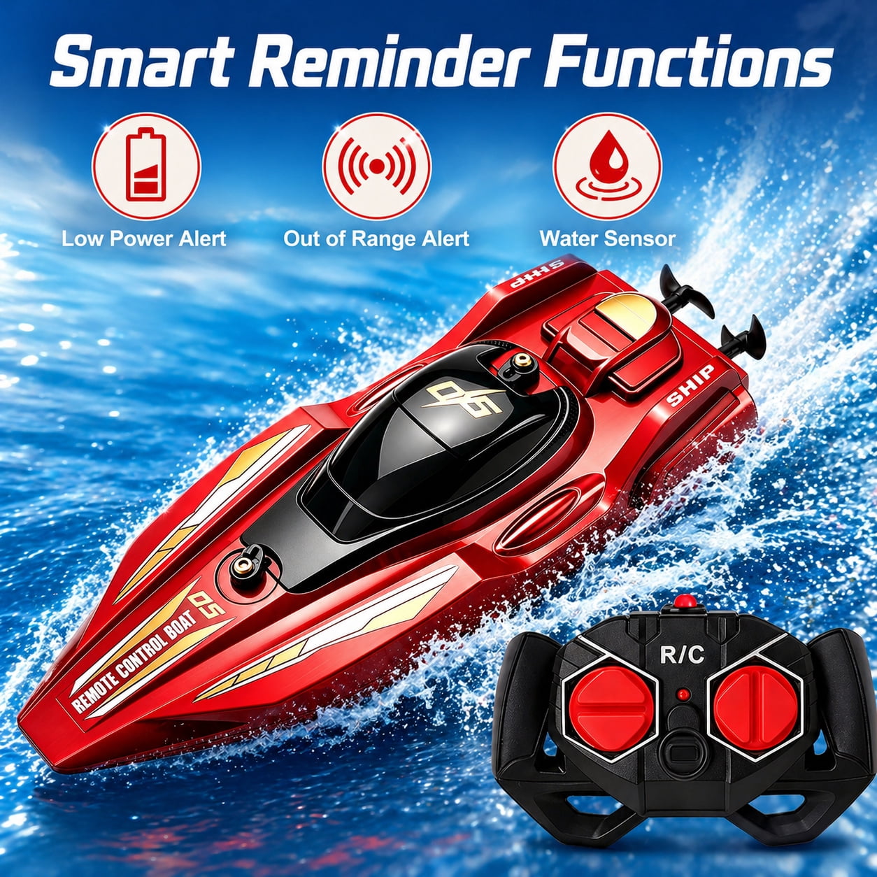Funtogether High Speed Remote Control Boat for Pools and Lakes, 2.4GHz Waterproof RC Speedboat with Dual Motors, Blue
